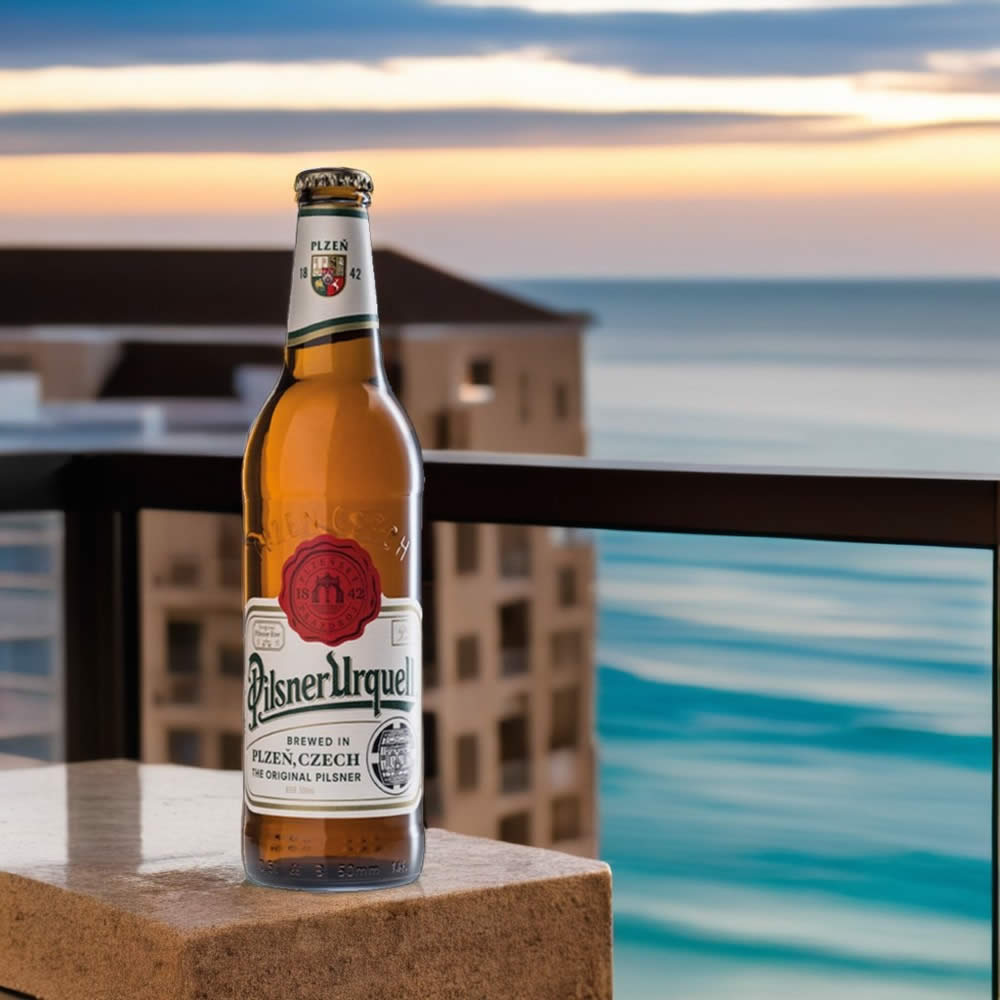 Cerveza Pilsner Urquel con mar de fondo