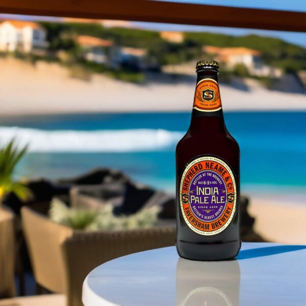 Cerveza Shepherd Indian Pale Ale sobre mesa con fondo de playa