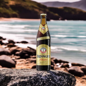 Cerveza Erdinger Pikantus sobre roca