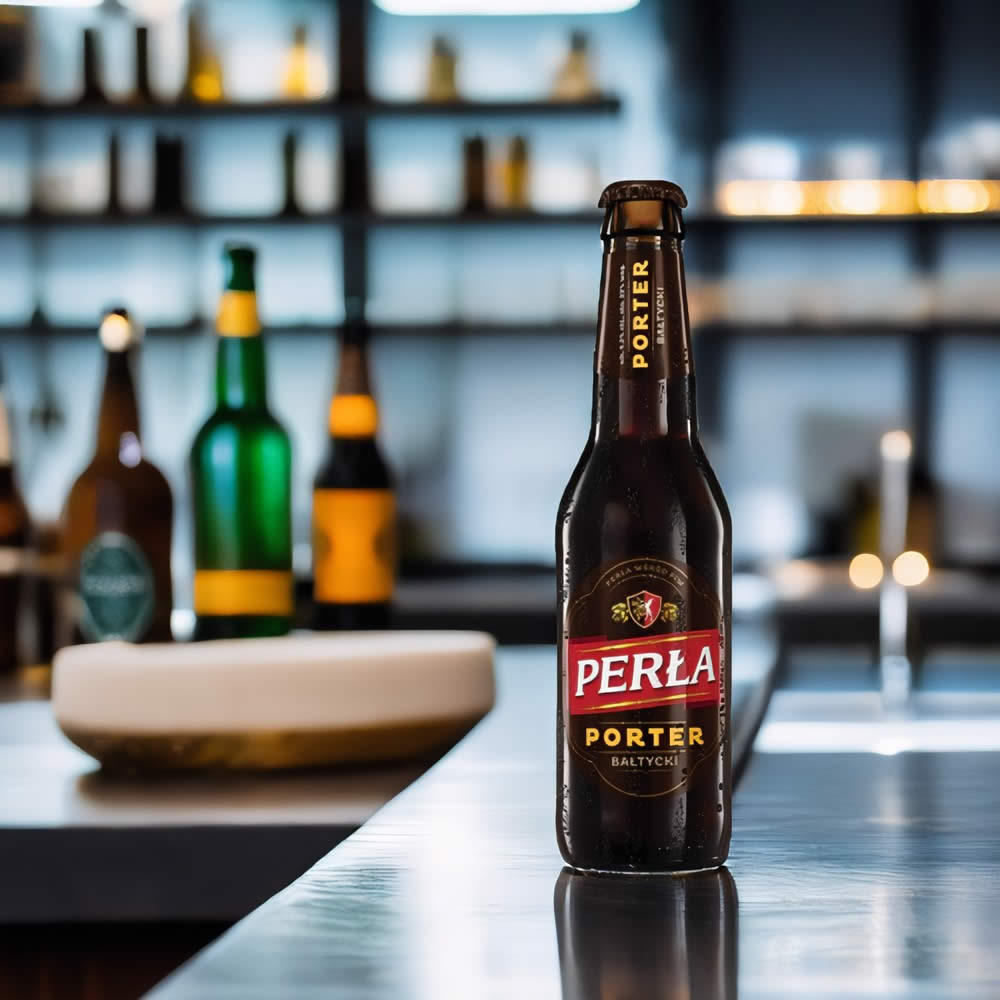 Cerveza Perla Porter sobre barra de bar