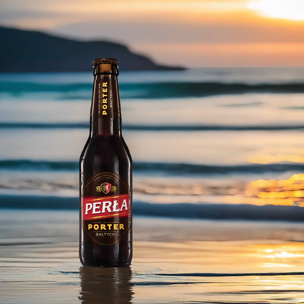 Cerveza Perla Porter en orilla de mar