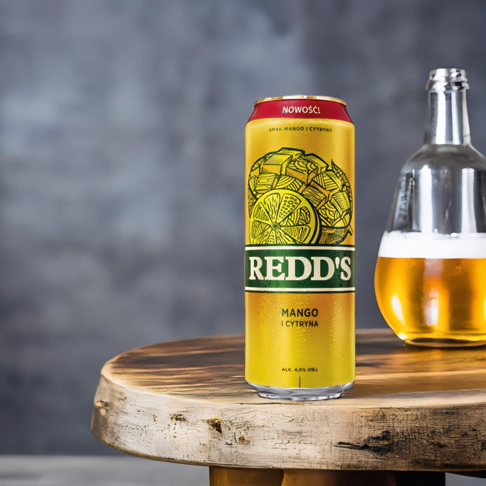 Cerveza Redd´s Mango sobre mesa de madera