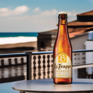 Cerveza La Trappe Blonde con fondo de mar
