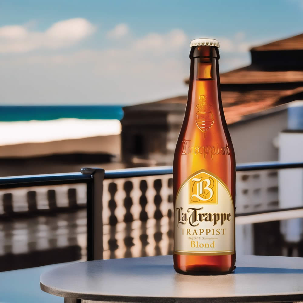 Cerveza La Trappe Blonde con fondo de mar