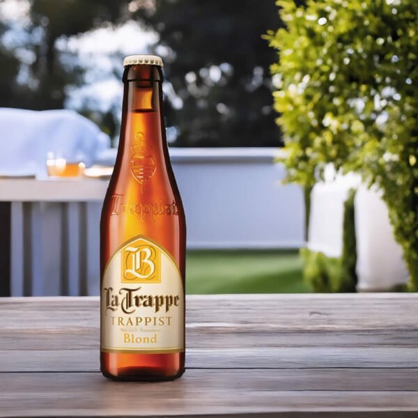 Cerveza La Trappe Blonde en mesa de jardin
