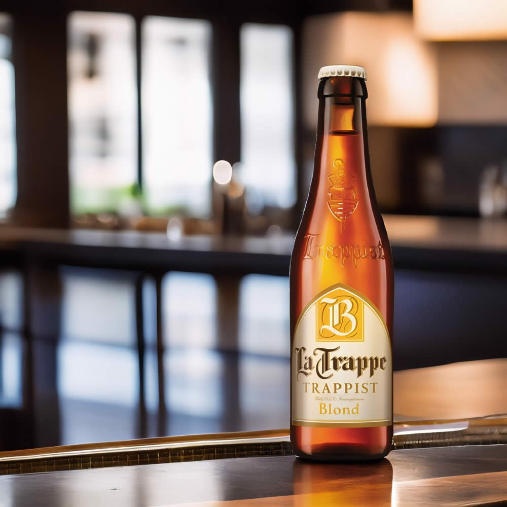 Cerveza La Trappe Blonde en barra de madera