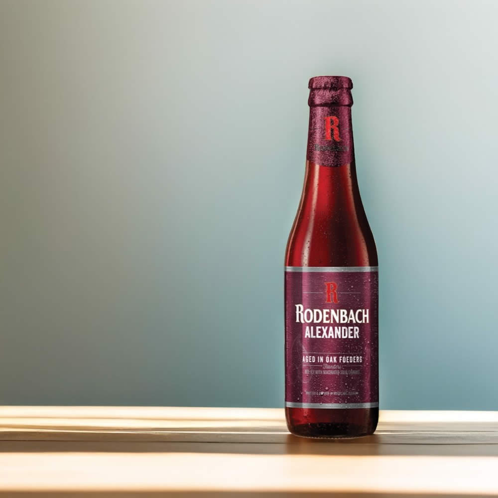 Cerveza Rodenbach Alexander sobre mesa y fondo azul