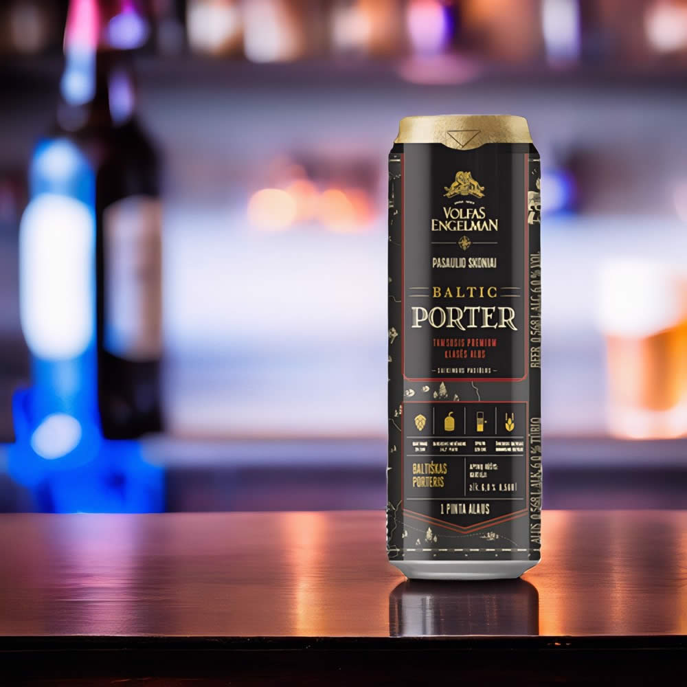 Cerveza Volfas Engelman Baltic Porter Lata en barra de bar