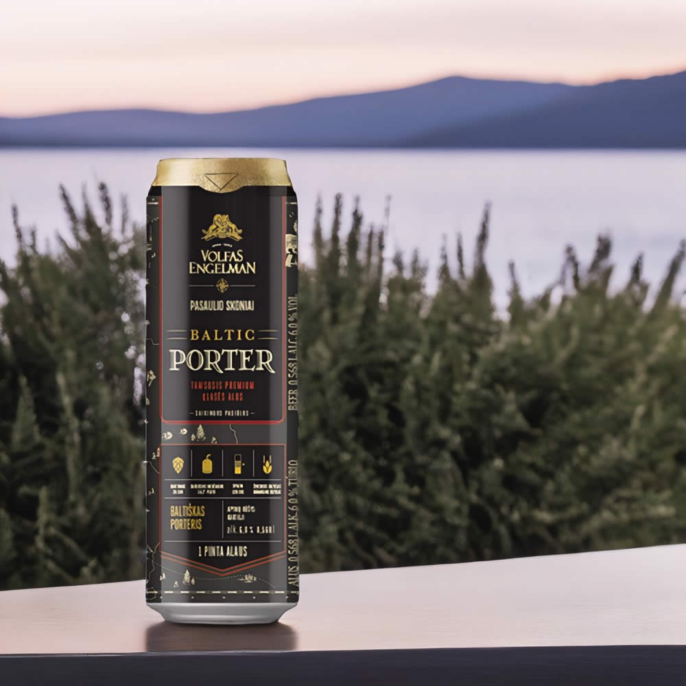 Cerveza Volfas Engelman Baltic Porter Lata en un lago
