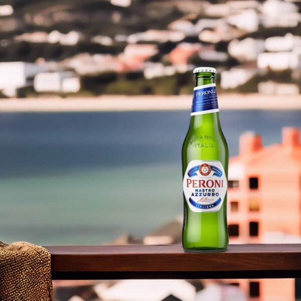 Cerveza Peroni Nastro Azzurro en balcón