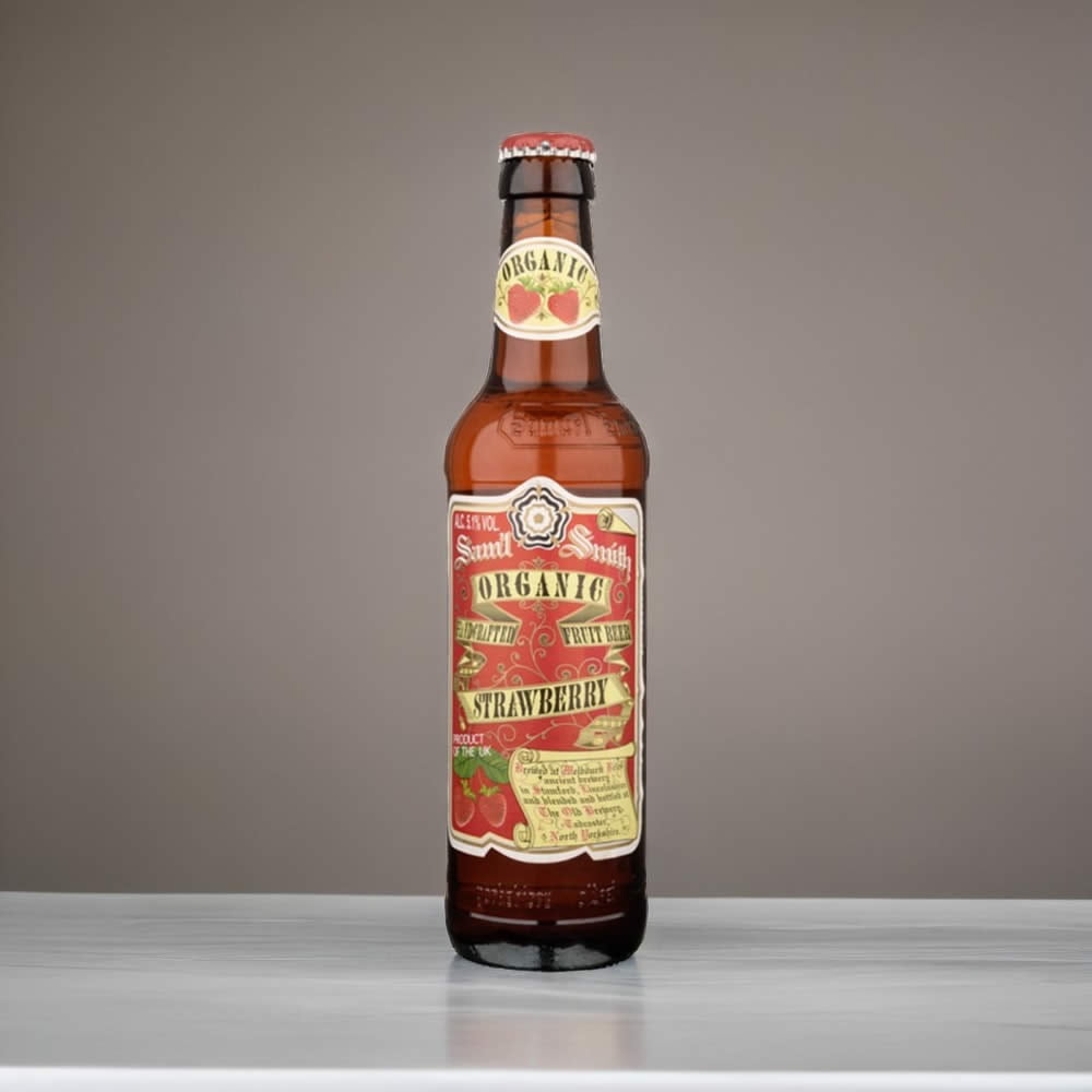 Cerveza Samuel Smith Strawberry en fondo café