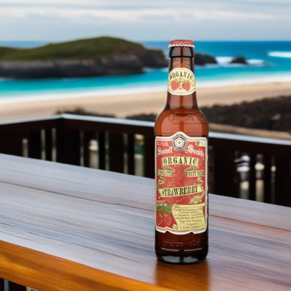 Cerveza Samuel Smith Strawberry en terraza de playa