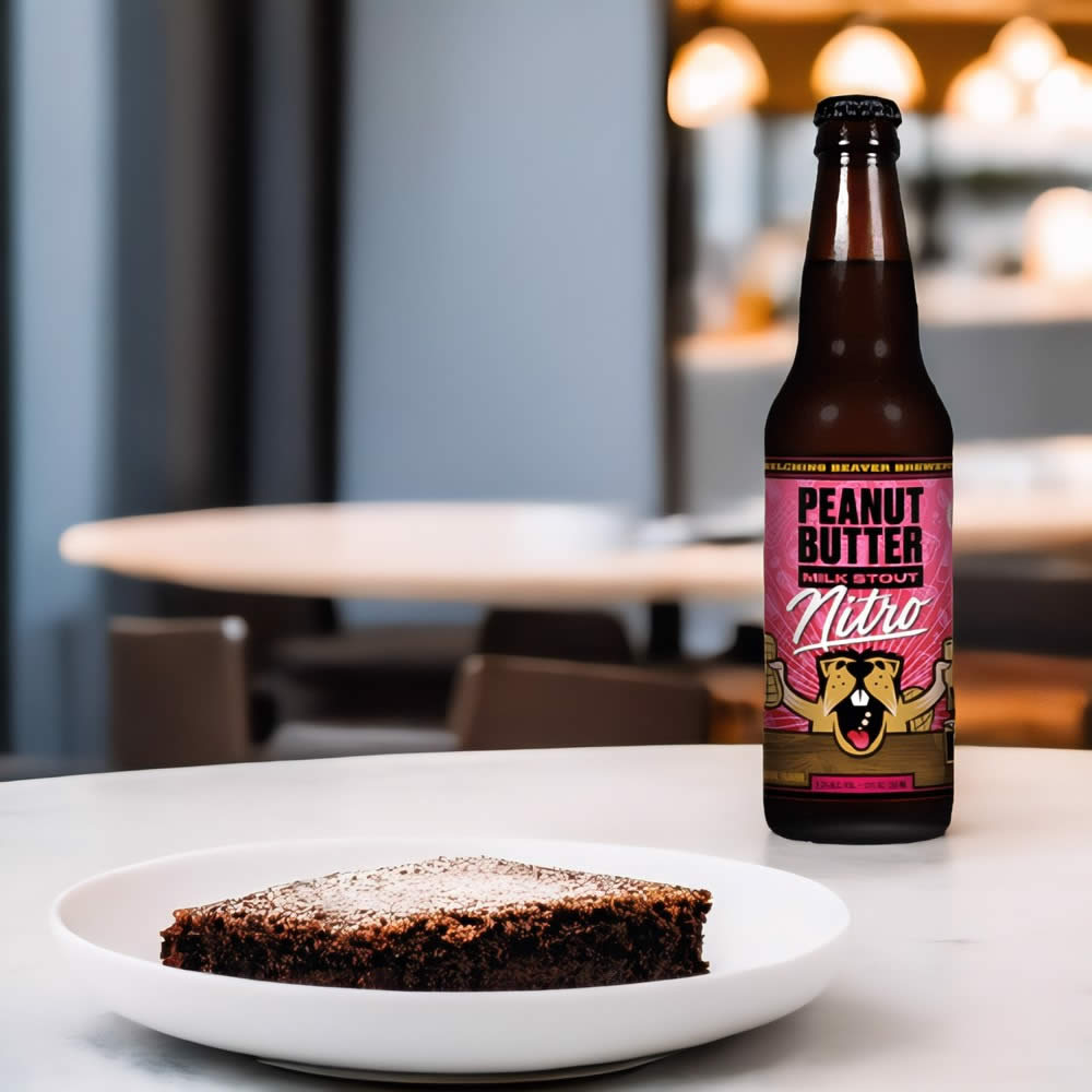 Cerveza Belching Beaver Peanut Butter Milk Stout Nitro con brownie