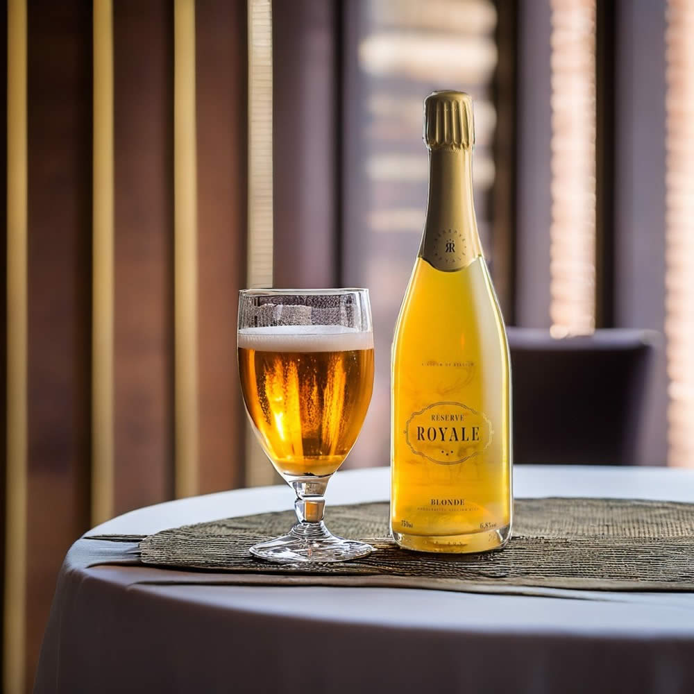Cerveza Reserve Royale con copa de lado