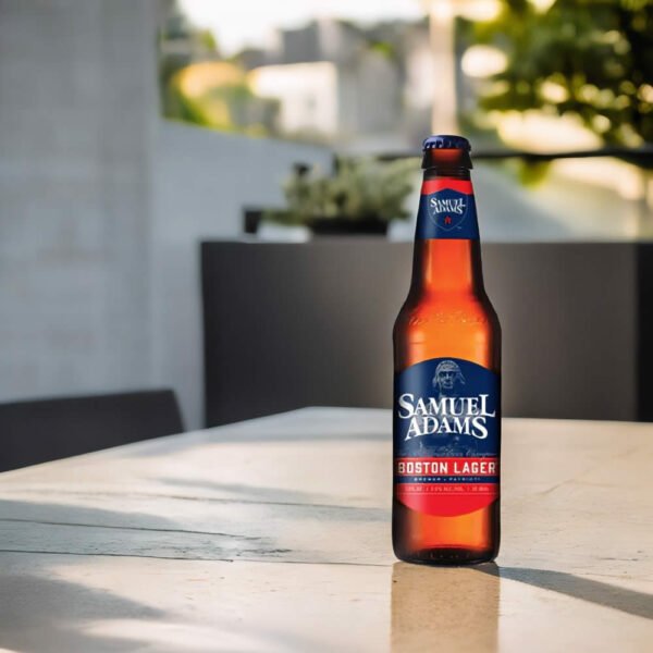 Cerveza Samuel Adams Boston Lager sobre mesa de jardín
