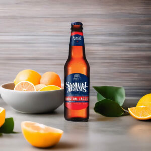 Cerveza Samuel Adams Boston Lager con naranjas