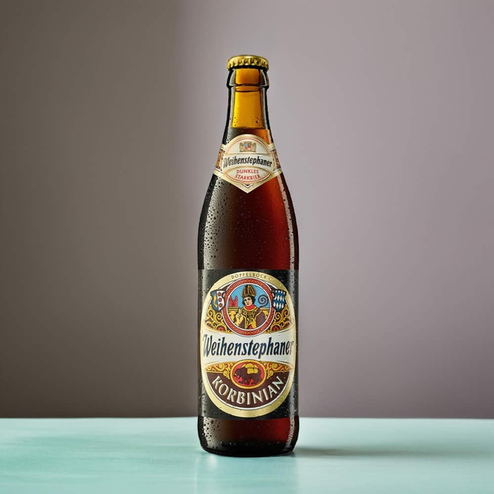 Cerveza Weihenstephaner Korbinian en fondo gris