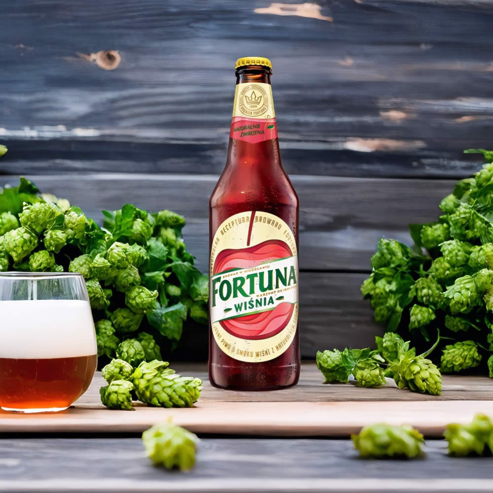 Cerveza Fortuna Wisnia con lúpulos