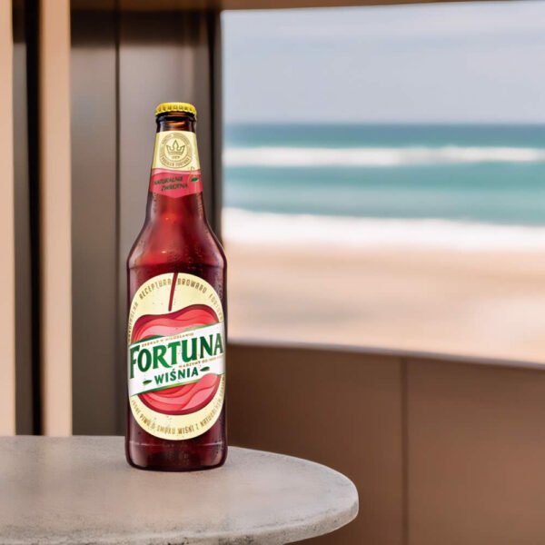 Cerveza Fortuna Wisnia con vista al mar