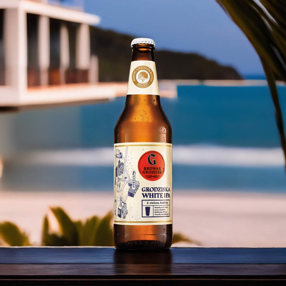 Cerveza Grodziska White IPA en la playa