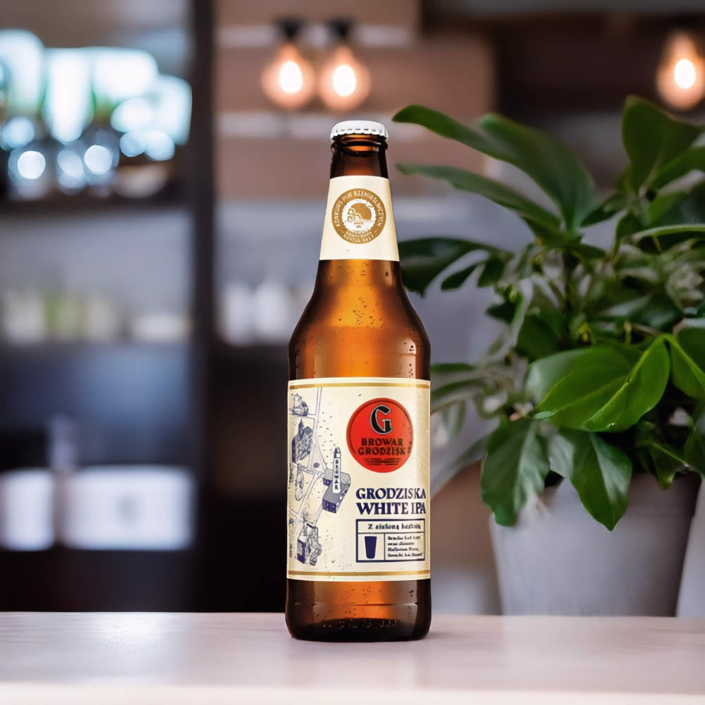 Cerveza Grodziska White IPA con planta verde