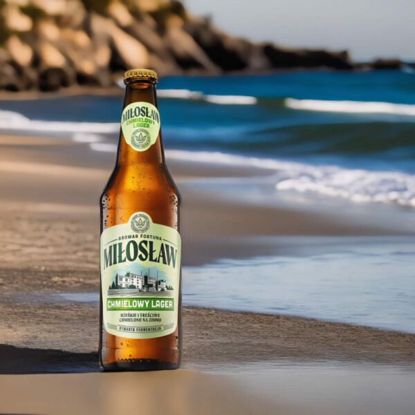 Cerveza Miloslaw Chmielowy en orilla de playa