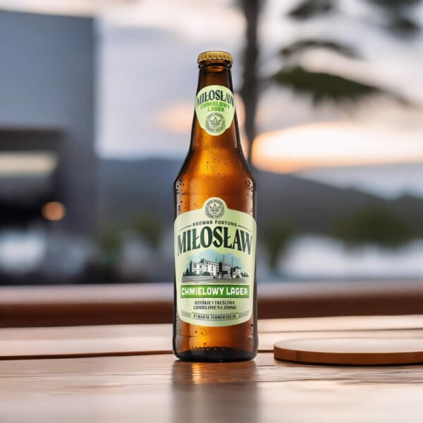 Cerveza Miloslaw Chmielowy en mesa de playa