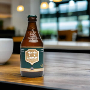 Cerveza Chimay Groen 150 sobre mesa
