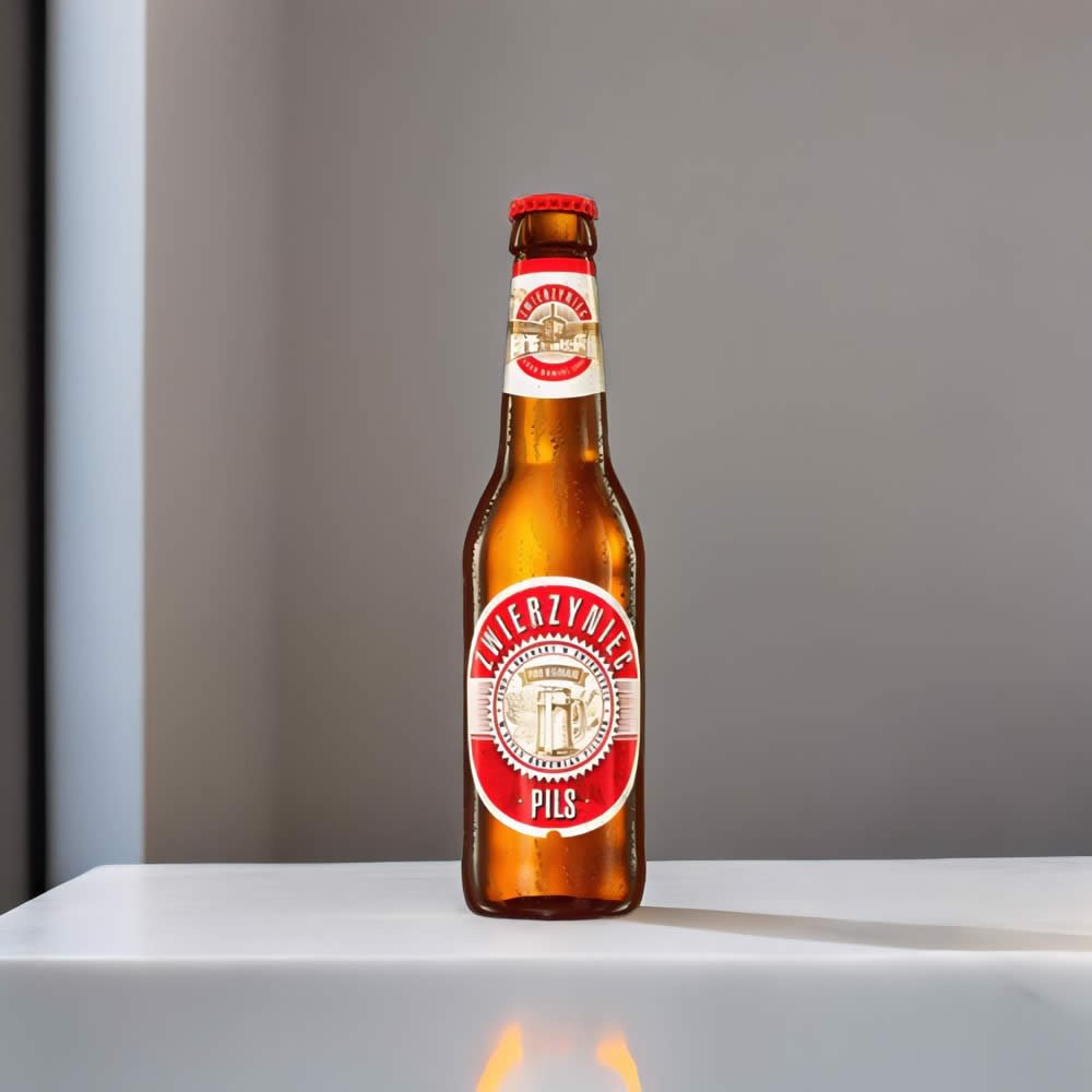 Cerveza Zwierzyniec Pils en mesa blanca