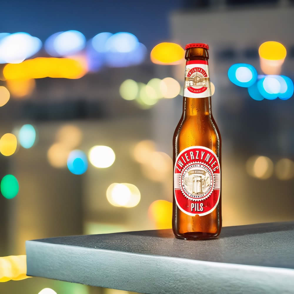 Cerveza Zwierzyniec Pils con luces de fondo