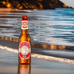 Cerveza Zwierzyniec Pils sobre arena de playa