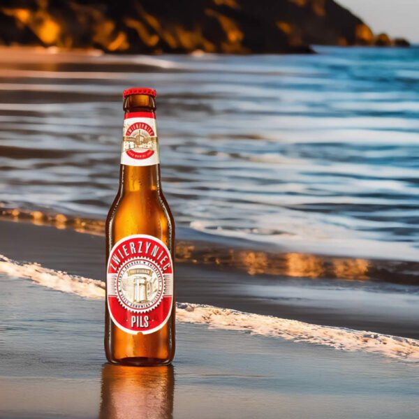 Cerveza Zwierzyniec Pils sobre arena de playa